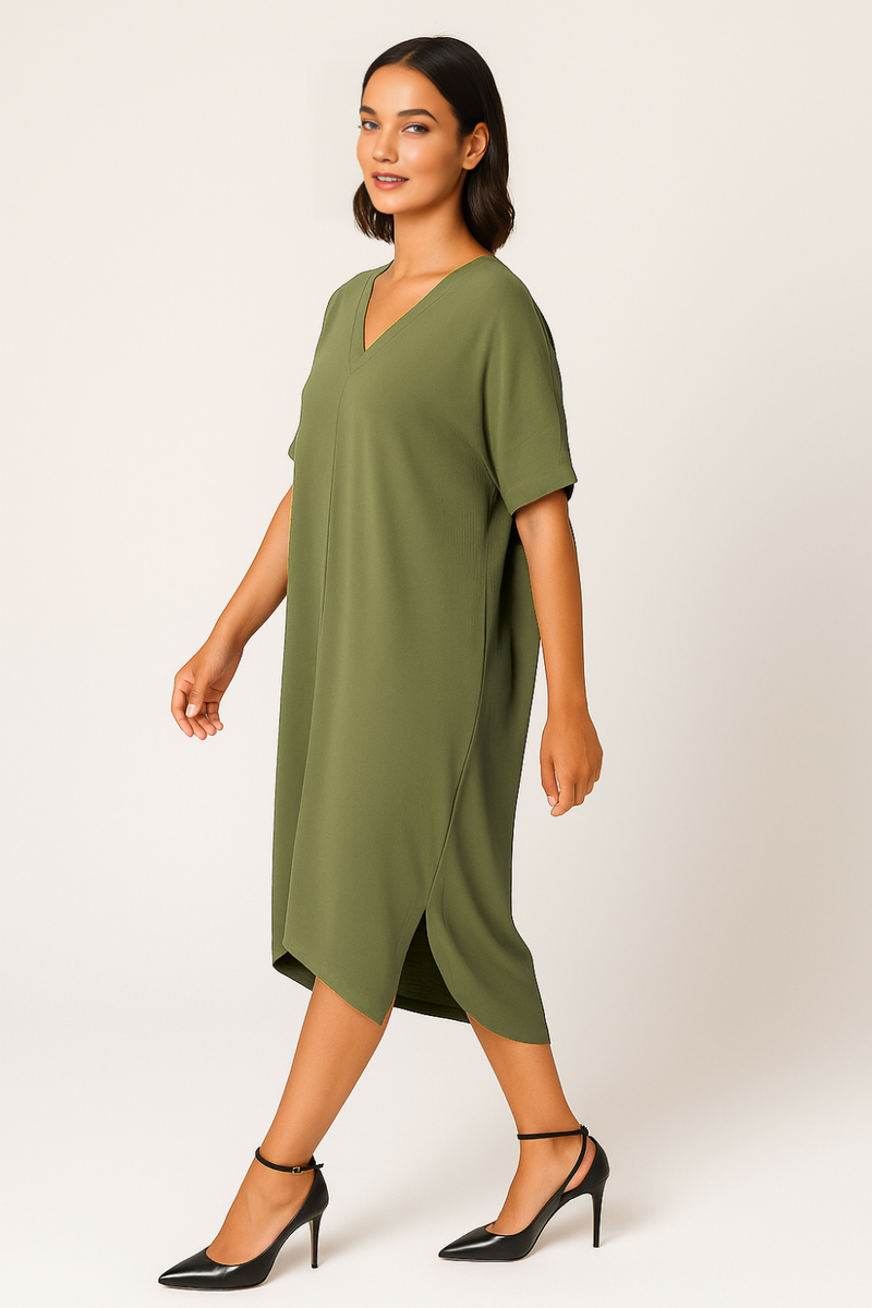 Relaxed Fit V-Neck Batwing Sleeve Midi Dress Kaftan Style in Khaki