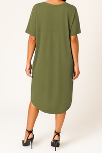 Relaxed Fit V-Neck Batwing Sleeve Midi Dress Kaftan Style in Khaki
