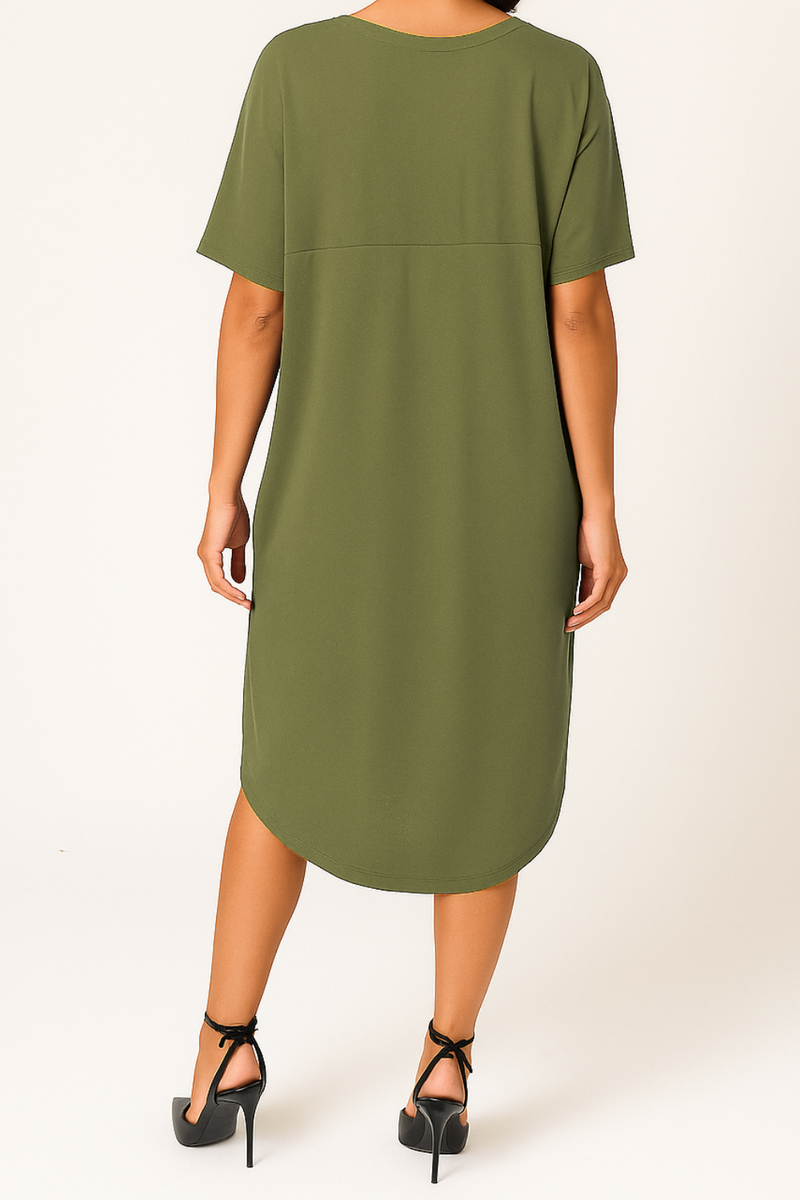 Relaxed Fit V-Neck Batwing Sleeve Midi Dress Kaftan Style in Khaki