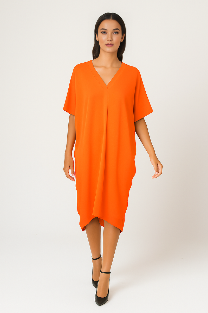 Relaxed Fit V-Neck Batwing Sleeve Midi Dress Kaftan Style in Orange
