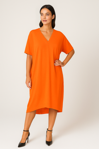 Relaxed Fit V-Neck Batwing Sleeve Midi Dress Kaftan Style in Orange