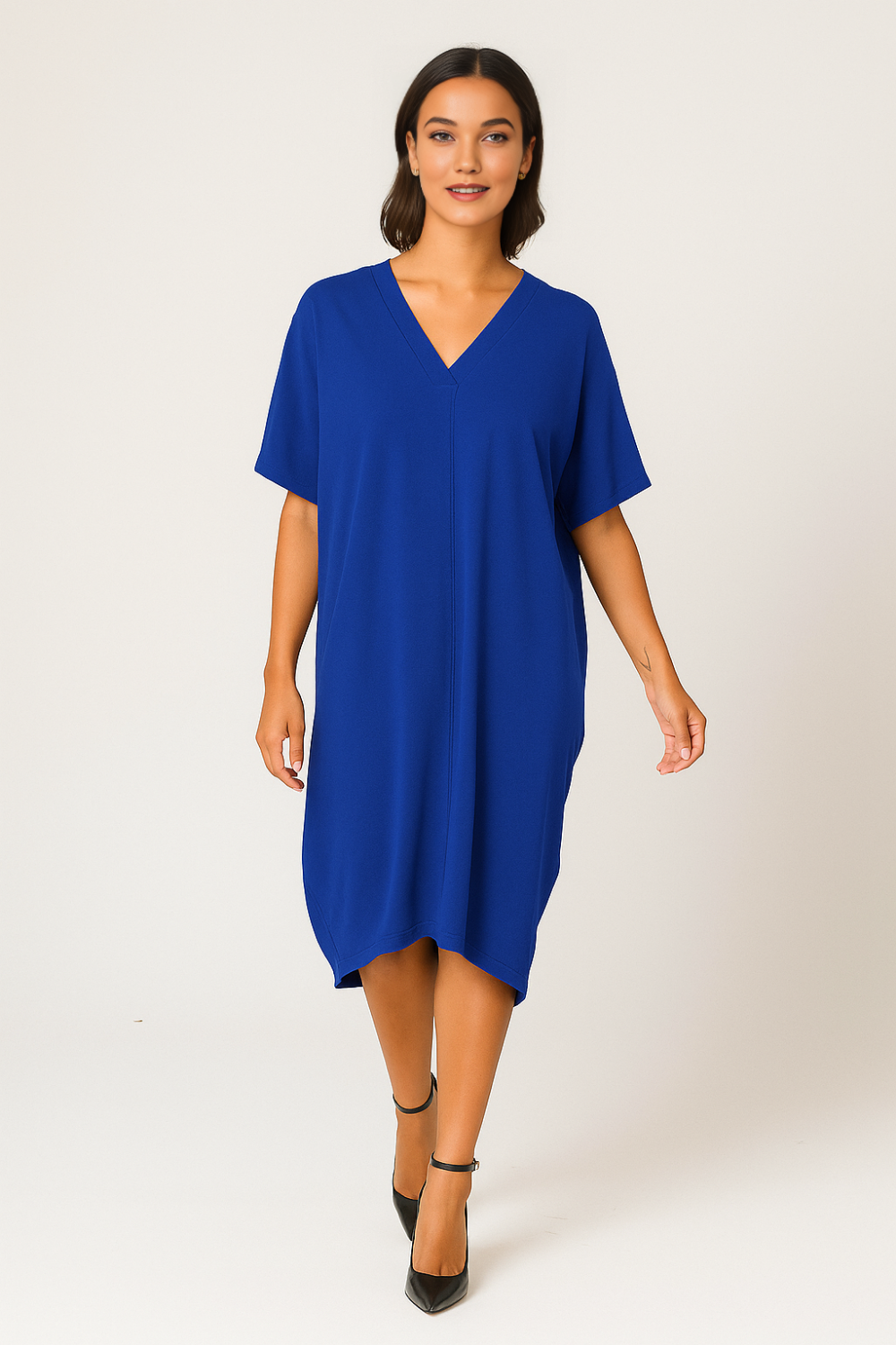 Relaxed Fit V-Neck Batwing Sleeve Midi Dress Kaftan Style in Royal Blue