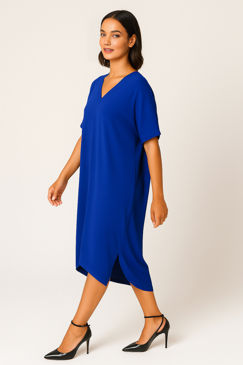 Relaxed Fit V-Neck Batwing Sleeve Midi Dress Kaftan Style in Royal Blue