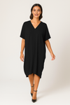 Relaxed Fit V-Neck Batwing Sleeve Midi Dress Kaftan Style in Black