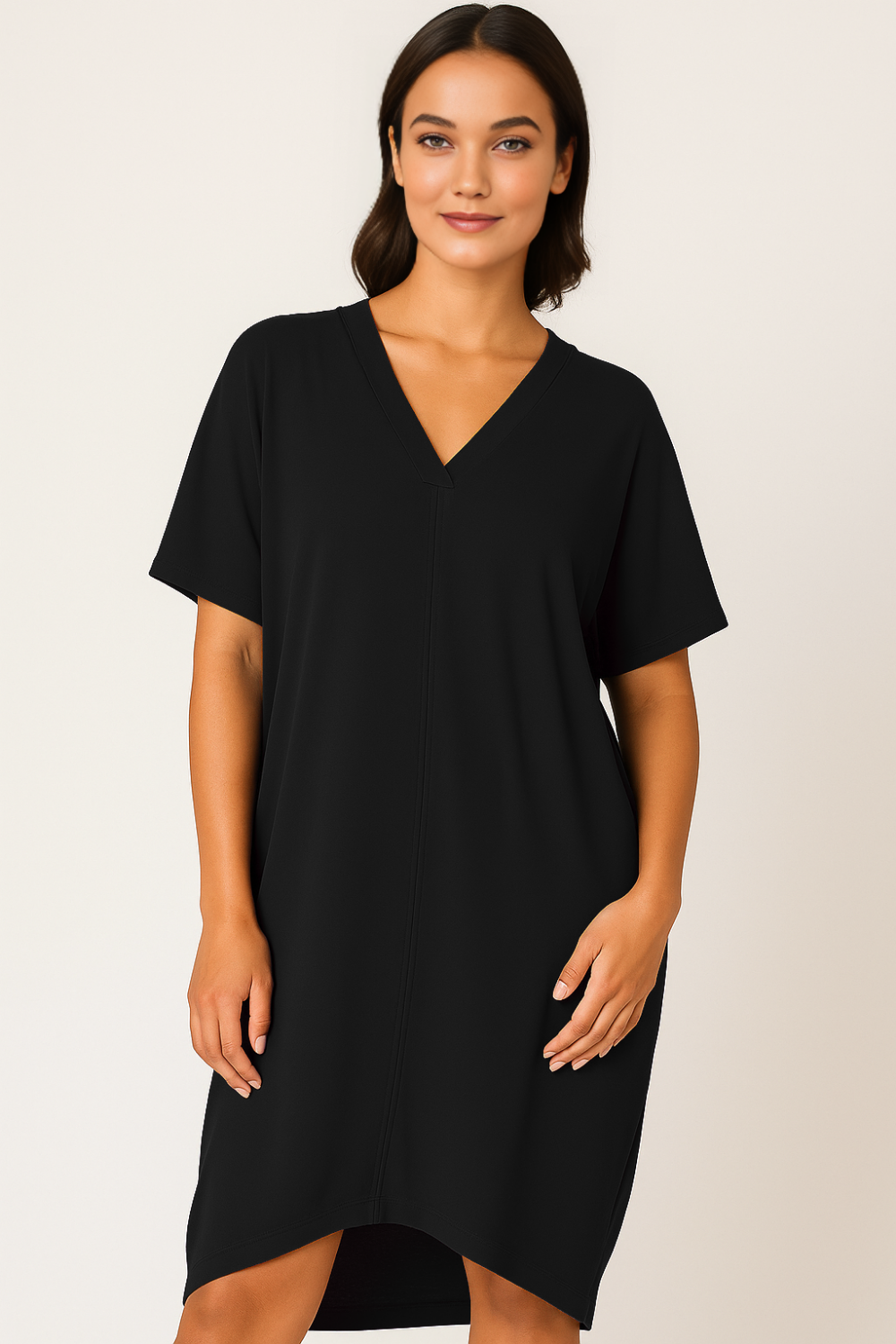 Relaxed Fit V-Neck Batwing Sleeve Midi Dress Kaftan Style in Black