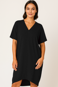 Relaxed Fit V-Neck Batwing Sleeve Midi Dress Kaftan Style in Black
