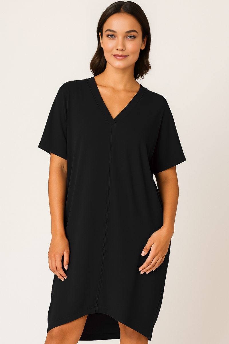 Relaxed Fit V-Neck Batwing Sleeve Midi Dress Kaftan Style in Black