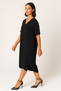 Relaxed Fit V-Neck Batwing Sleeve Midi Dress Kaftan Style in Black