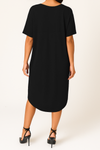 Relaxed Fit V-Neck Batwing Sleeve Midi Dress Kaftan Style in Black