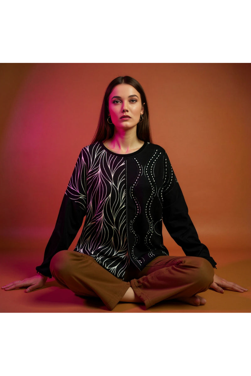 Oversized Stone Embellished Long Sleeve Round Neckline Blouse in Black
