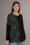Oversized Stone Embellished Long Sleeve Round Neckline Blouse in Black