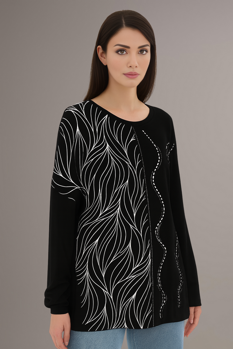 Oversized Stone Embellished Long Sleeve Round Neckline Blouse in Black