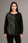 Oversized Stone Embellished Long Sleeve Round Neckline Blouse in Black