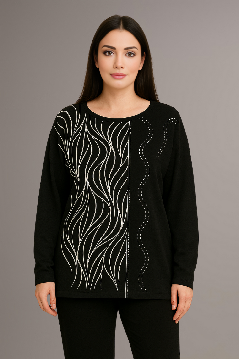 Oversized Stone Embellished Long Sleeve Round Neckline Blouse in Black