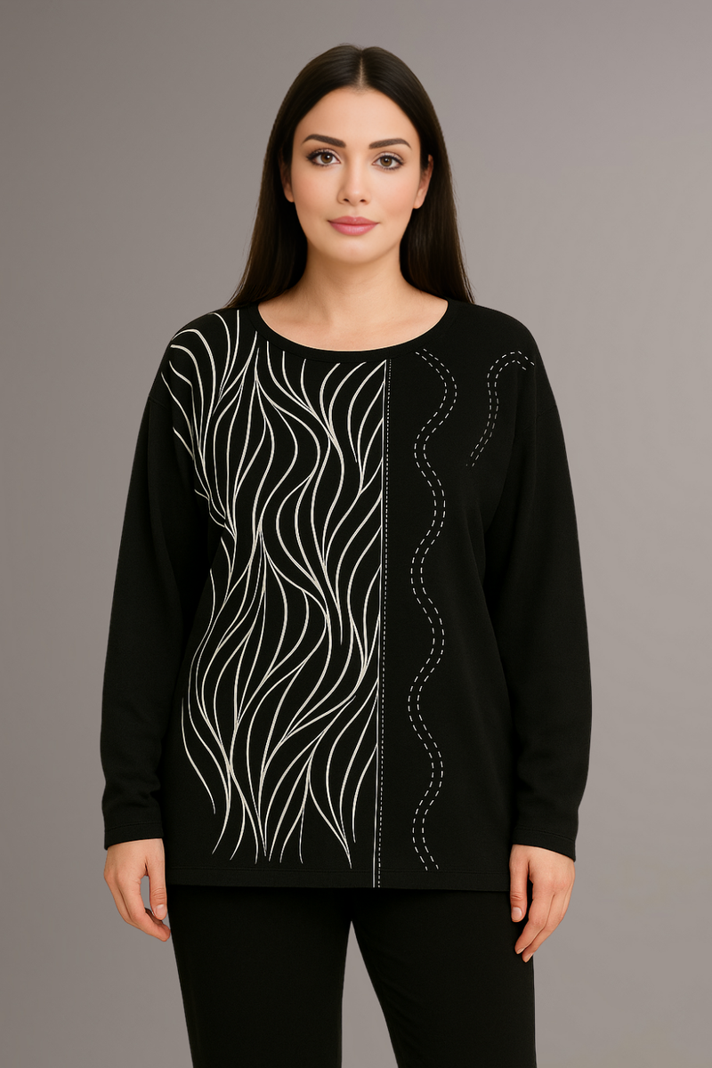 Oversized Stone Embellished Long Sleeve Round Neckline Blouse in Black