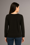 Oversized Stone Embellished Long Sleeve Round Neckline Blouse in Black
