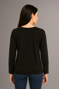 Oversized Stone Embellished Long Sleeve Round Neckline Blouse in Black