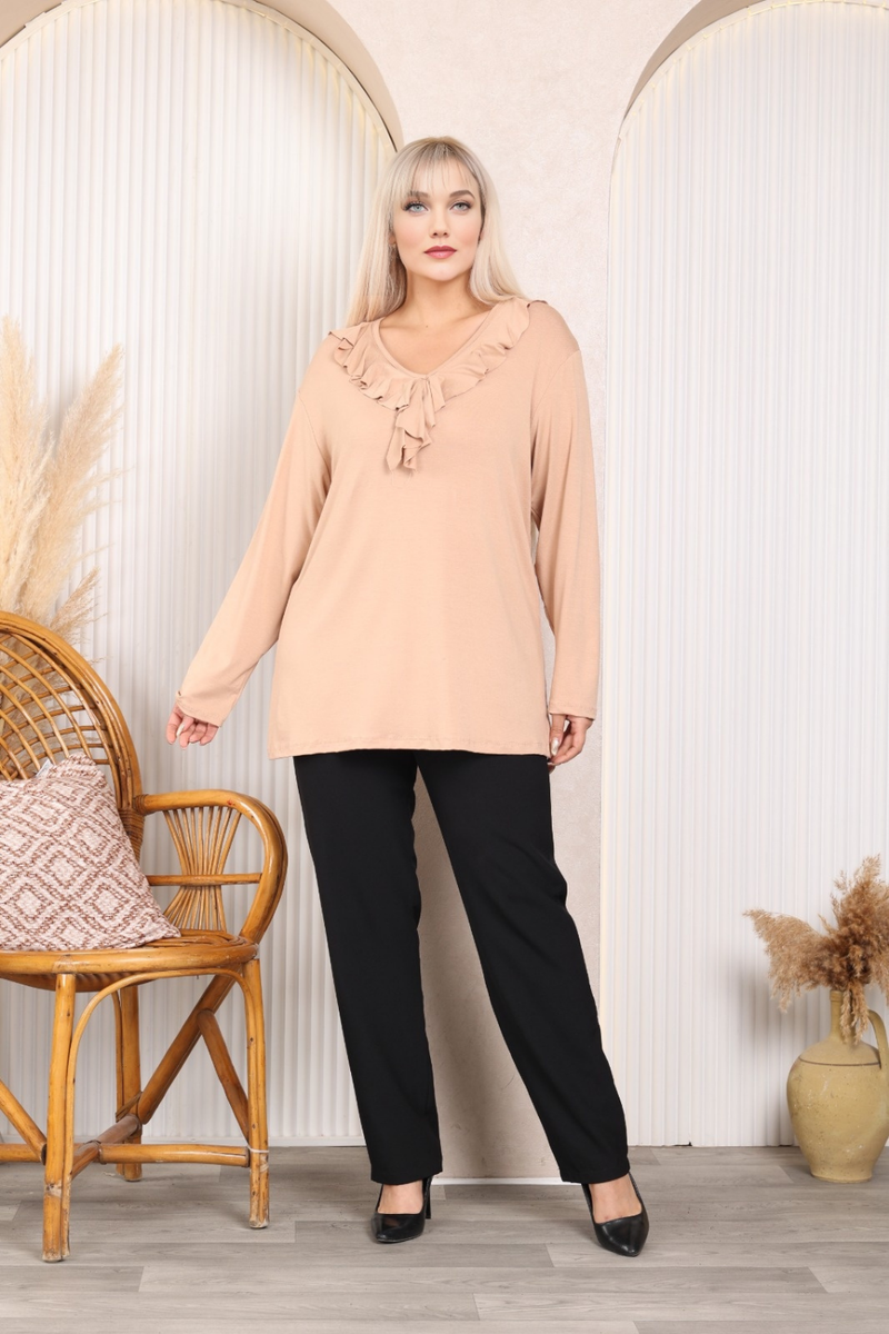 Relaxed Fit Long Sleeve Elegant Blouse with Ruffle Neckline