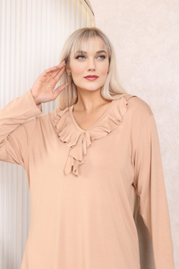 Relaxed Fit Long Sleeve Elegant Blouse with Ruffle Neckline