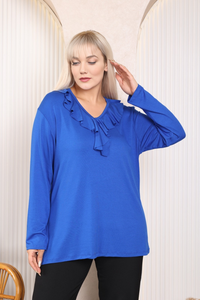 Relaxed Fit Long Sleeve Elegant Blouse with Ruffle Neckline