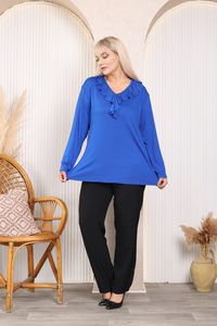 Relaxed Fit Long Sleeve Elegant Blouse with Ruffle Neckline