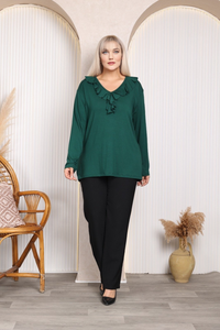 Relaxed Fit Long Sleeve Elegant Blouse with Ruffle Neckline