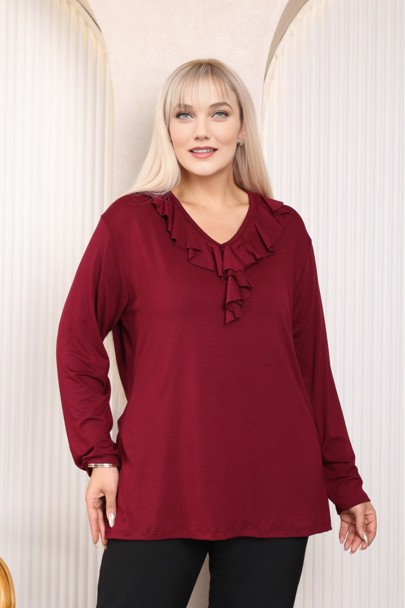 Relaxed Fit Long Sleeve Elegant Blouse with Ruffle Neckline