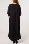 Oversized 3/4 Sleeve Pleated Maxi Dress in Black