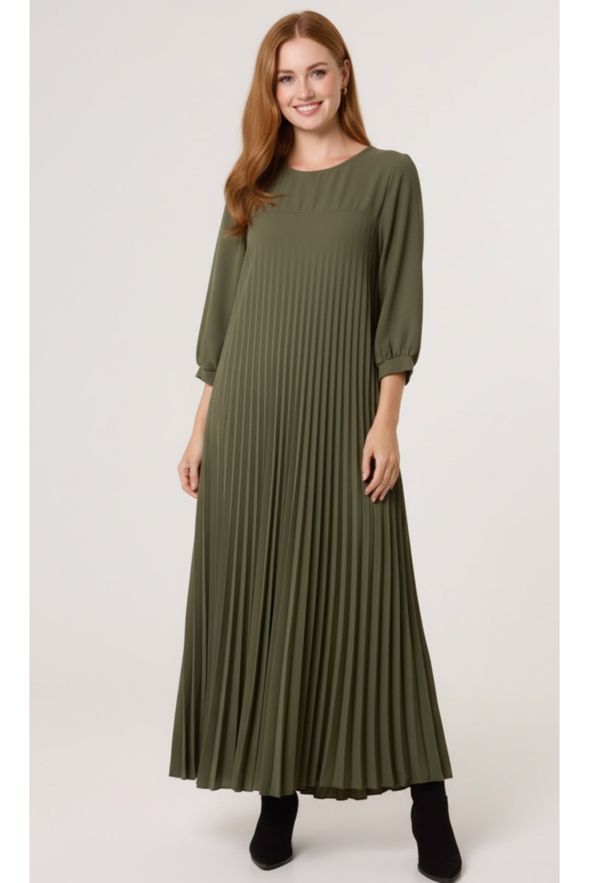 Oversized 3/4 Sleeve Pleated Maxi Dress in Khaki