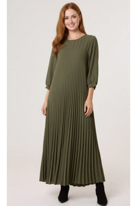 Oversized 3/4 Sleeve Pleated Maxi Dress in Khaki