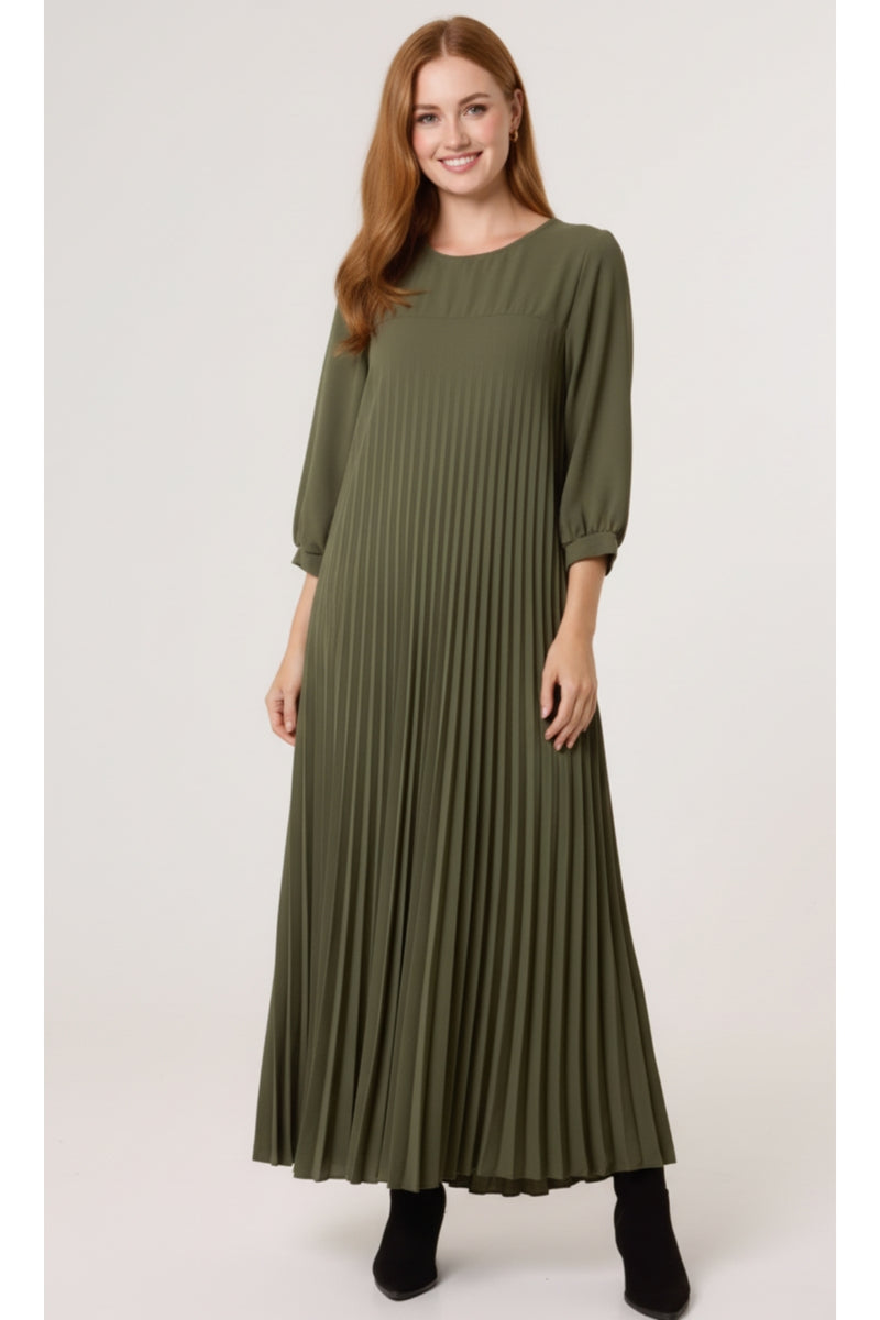 Oversized 3/4 Sleeve Pleated Maxi Dress in Khaki