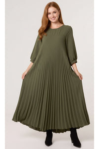 Oversized 3/4 Sleeve Pleated Maxi Dress in Khaki