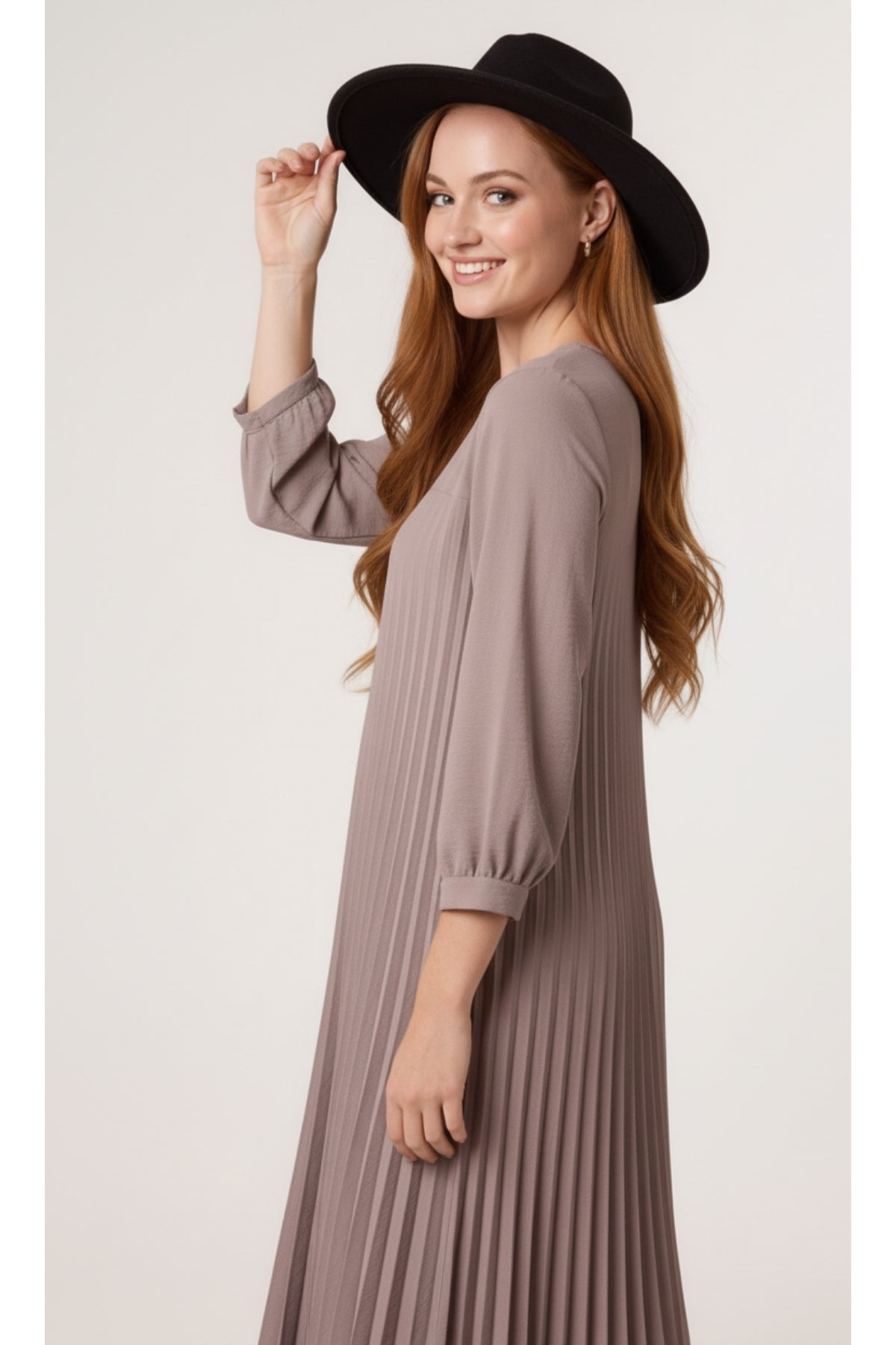 Oversized 3/4 Sleeve Pleated Maxi Dress in Mocha
