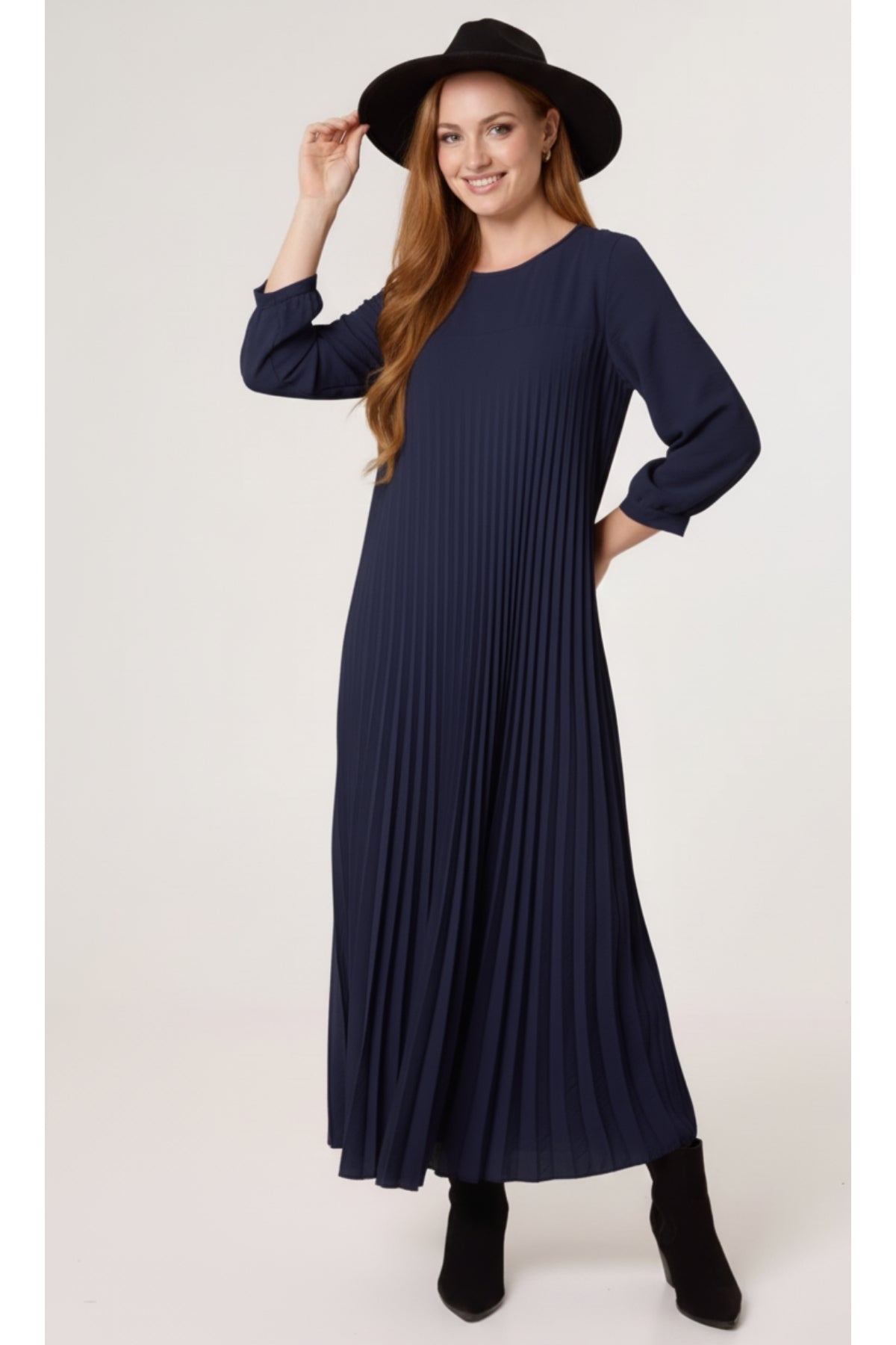 Oversized 3/4 Sleeve Pleated Maxi Dress in Navy