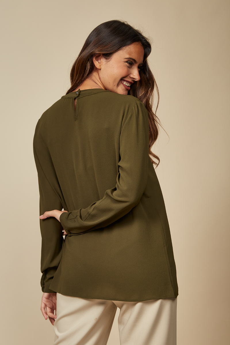 Oversized Long Sleeves Frill Front Blouse with Detailed Neckline in Khaki