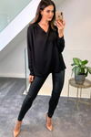 Oversized V Neck Long Sleeves Blouse in Black
