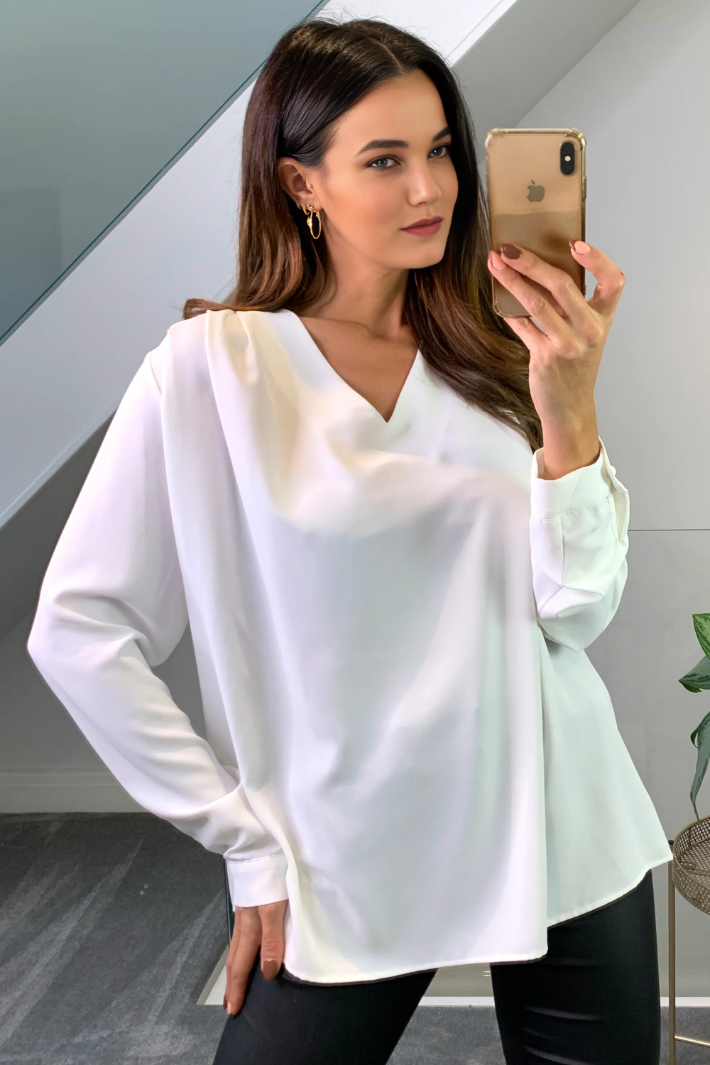 Oversized V Neck Long Sleeves Blouse in White