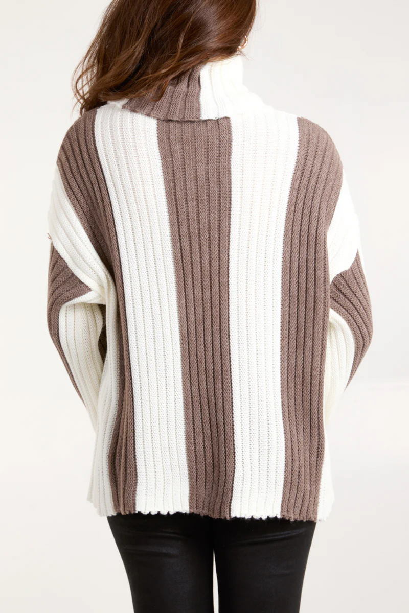 Oversized Roll Neck Detailed Vertical Striped Jumper in Mocha and White