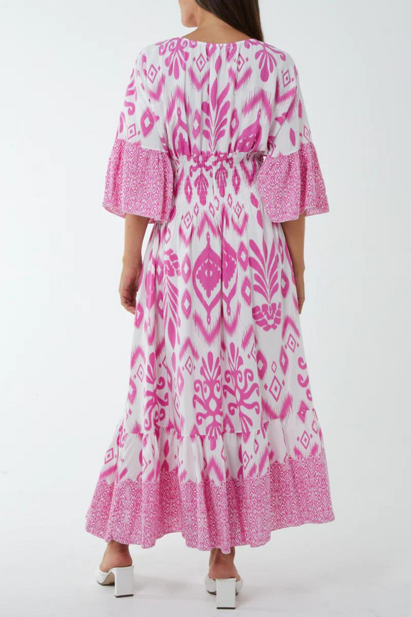Oversized Flutter Sleeves Shirred Waist Geometrical Print V Neck Maxi Dress in Pink and White
