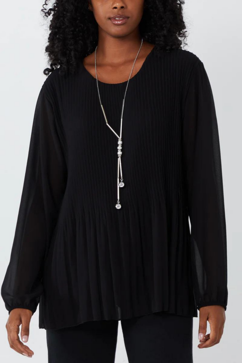 Oversized Long Sleeves Pleated Top with Tulle Details in Black with Necklace