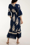 Relaxed Fit 3/4 Sleeves V Neck Printed Maxi Dress in Navy