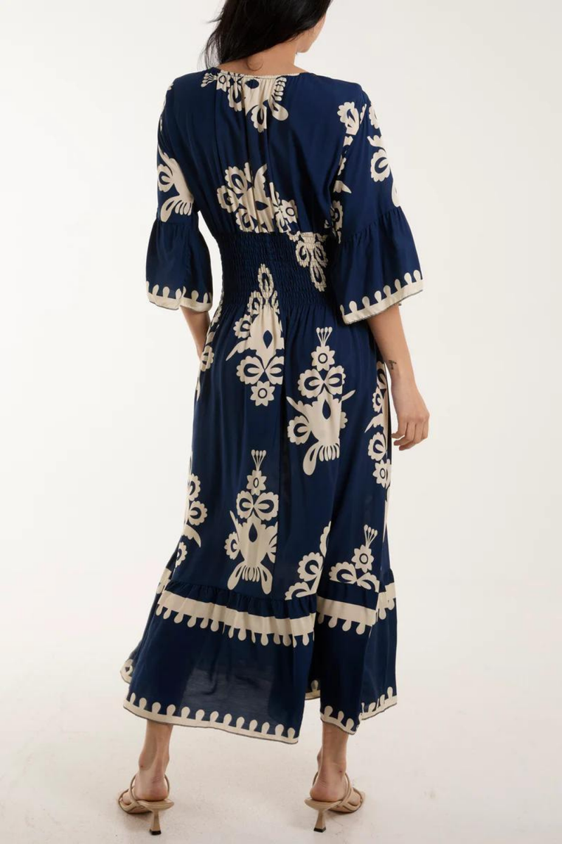 Relaxed Fit 3/4 Sleeves V Neck Printed Maxi Dress in Navy