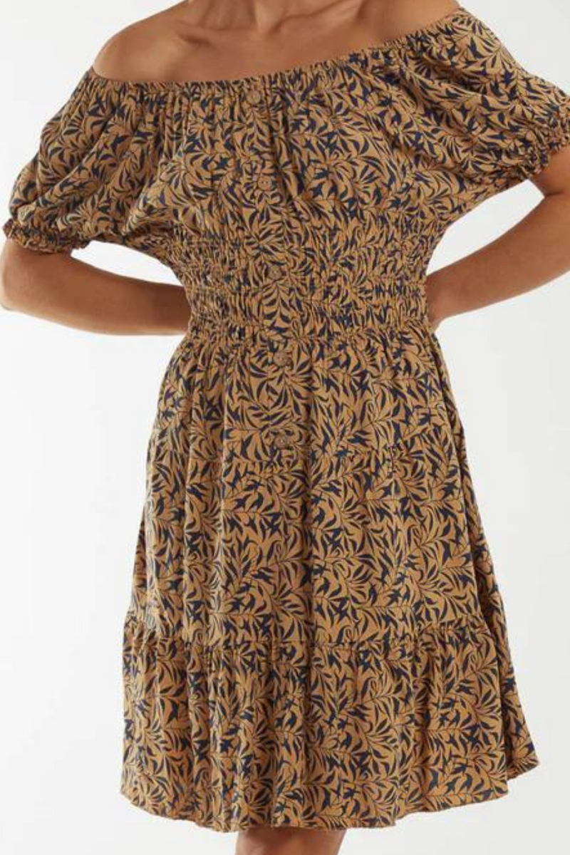Oversized Off Shoulder Shirred Waist Button Down Mini Dress with Leaf Print in Camel