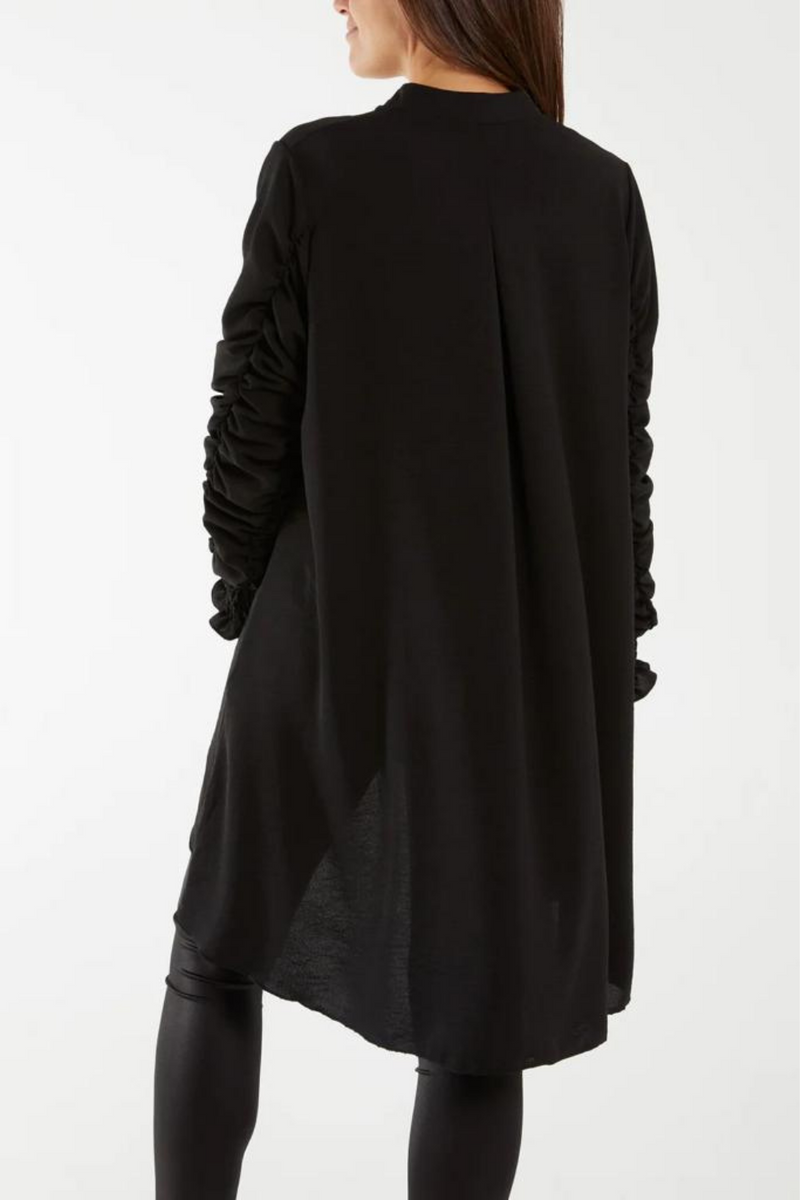Relaxed Fit Shirred Long Sleeve Ruffle Detailed Shirt Tunic in Black