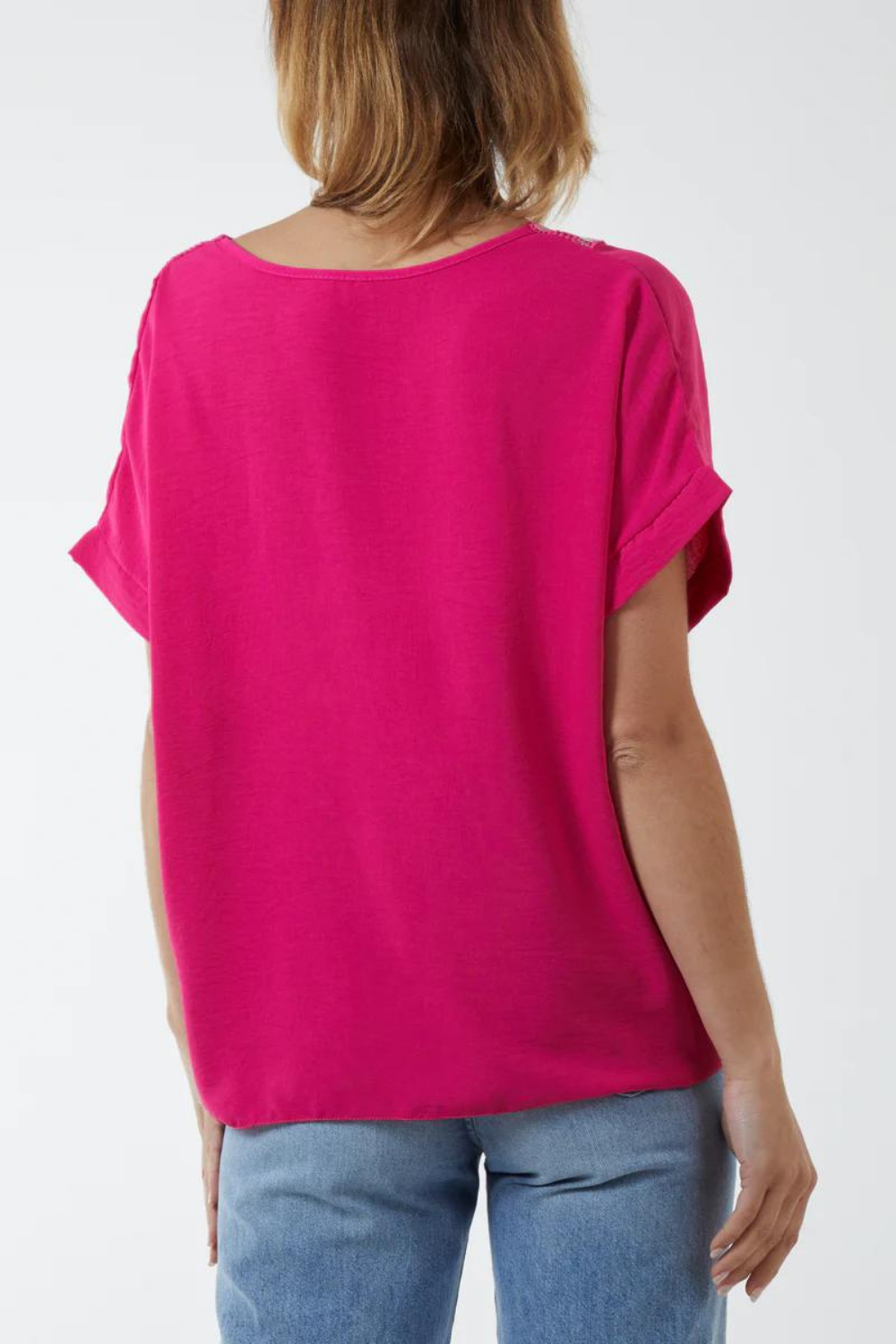 Oversized Short Sleeves Broderie and Sequin Detailed V Neck Blouse Top with Tie Detail in Pink