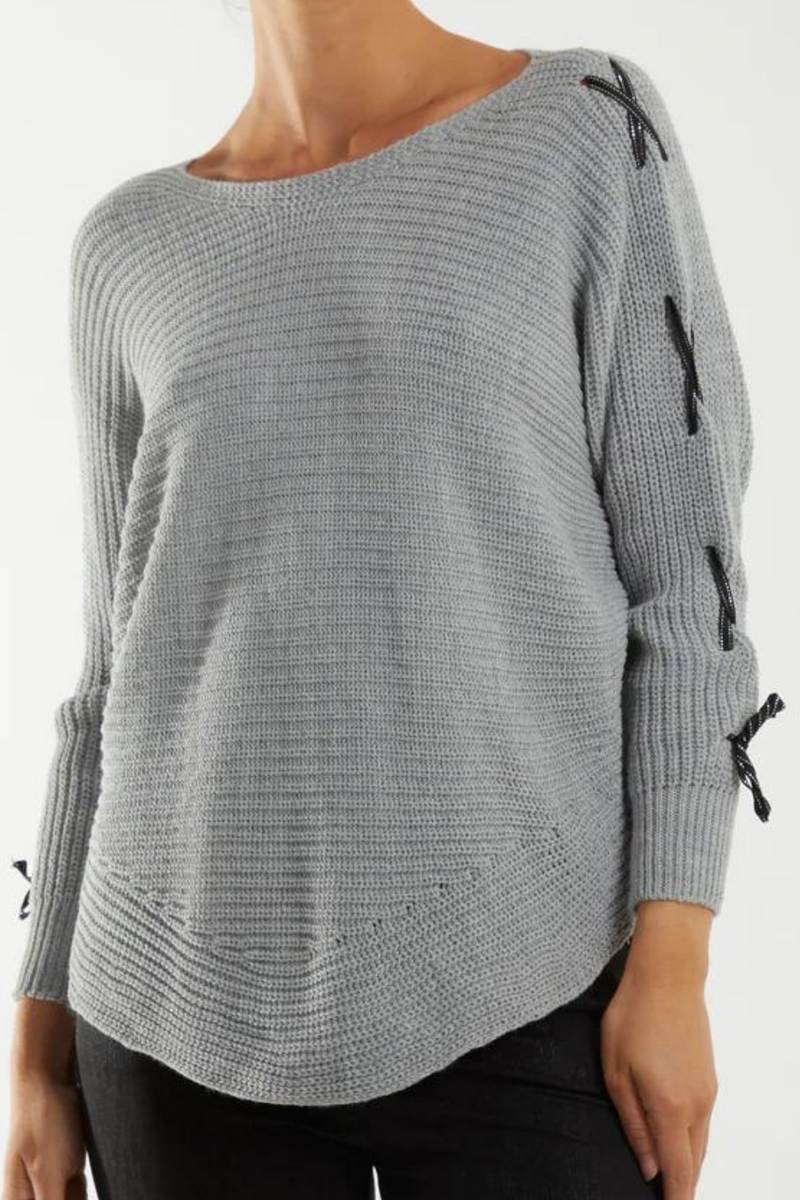 Oversized Knitted Long Sleeves Jumper with Ribbon Details in Grey
