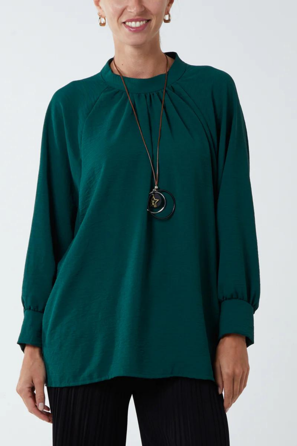 Oversized Batwing Long Sleeves Top with High Neck Detail in Green