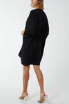 Oversized 3/4 Sleeve V Neck Midi Dress with Twist Front Detail in Black