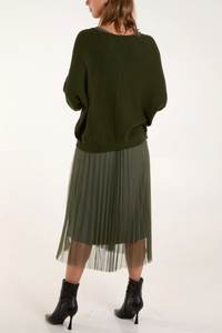 Relaxed Fit Layered Knit and Pleated Dress Set in Khaki