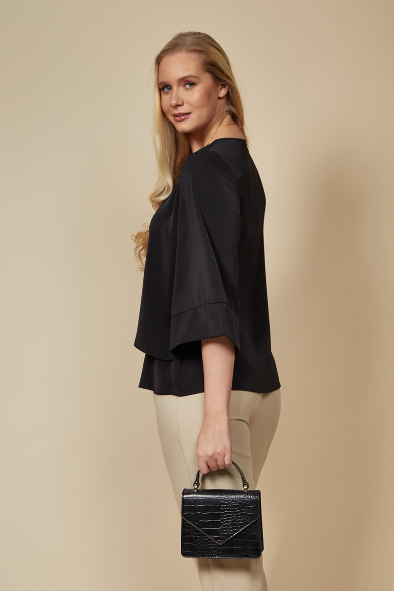 Layered Blouse With 3/4 Sleeves in Black with Necklace